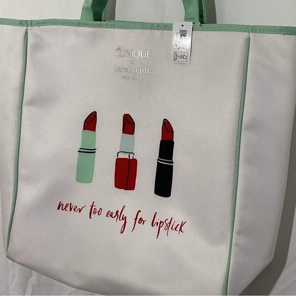 Clinique Kate Spade Lipstick Print Tote in White and Green - Picture 6 of 6